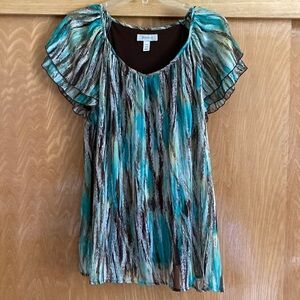 Dress Barn Blouse size 12 lined  teal brown flutter sleeve